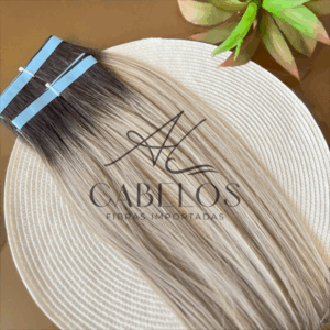 Mega Hair Fita Adesiva Fibra Russa Mesclado Platinado Esfumado 70cm Liso.